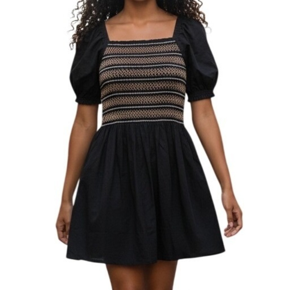MADEWELL Black Smocked Embroidered Puff‎ Sleeve Poplin Mini Dress NWT Size Large
